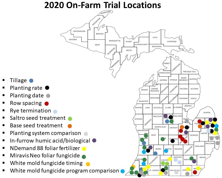 2020 Soybean On-farm Research Trial Locations